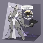 anthro breasts clothing dialogue dress female grey_body hand_on_hip muscular muscular_female tail text neosavias mythology dragon mythological_creature mythological_scalie scalie 1:1 absurd_res colored digital_media_(artwork) english_text hi_res