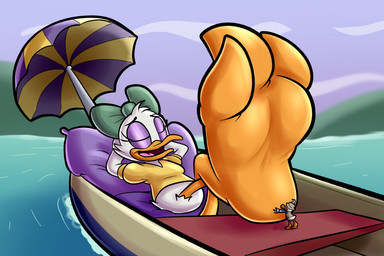 3_toes anthro bow_(feature) clothing eyes_closed feet female foot_focus macro male shirt soles toes topwear yellow_clothing yellow_shirt yellow_topwear baggy_(artist) disney daisy_duck donald_duck anatid anseriform avian bird duck 3:2 hi_res