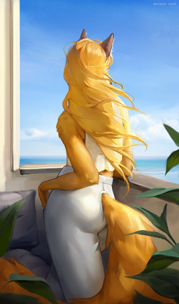 anthro biped bottomwear butt clothed clothed_anthro clothed_female clothing cloud day female fully_clothed fully_clothed_anthro fully_clothed_female fur hair rear_view sky solo standing tail topwear mcrepsi canid canine fox mammal 2026 digital_drawing_(artwork) digital_media_(artwork) hi_res