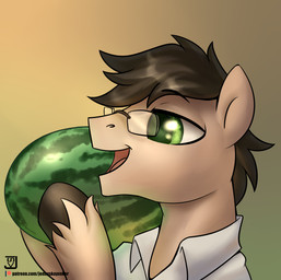 black_mane clothed clothing eyewear feral fetlocks food fruit fur glasses gradient_background green_eyes male mane melon open_mouth plant shirt side_view simple_background solo tan_body tan_fur text topwear watermelon jedayskayvoker hasbro my_little_pony fan_character equid equine horse mammal pony 2019 english_text hi_res signature url