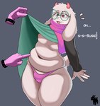 anthro belly bulge clothed clothing clothing_lift collar duo eyelashes eyeshadow eyewear female femboy fur glasses goat_tail hands_on_belly horn looking_at_another makeup male male/female male_focus nipples offscreen_female overweight panties pink_eyeshadow pink_horn pink_scarf poking_stomach scarf slightly_chubby slightly_chubby_male surprised_expression thick_thighs underwear wearing_glasses white_body white_fur wide_hips capra69capra deltarune undertale_(series) ralsei susie_(deltarune) bovid caprine goat mammal comment_chain hi_res