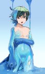 2020 black_hair blue_body bulge gender_transformation goo_creature goo_transformation hair hi_res humanoid_pointy_ears male mtf_transformation navel open_mouth simple_background solo species_transformation toribako transformation