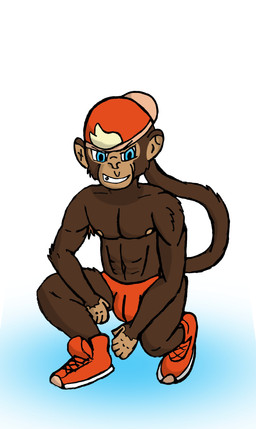 abs anthro arm_tuft armpit_hair blonde_hair blue_eyes body_hair brown_body brown_fur bulge clothed clothing dyed_fur elbow_tuft footwear fur hair jock jockstrap jockstrap_bulge jockstrap_only male muscular muscular_anthro muscular_male orange_clothing pecs shoes sneakers solo tail topless tuft underwear underwear_only thereexistsk ape chimpanzee haplorhine mammal pan_(genus) primate absurd_res hi_res