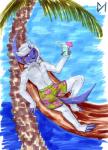 anthro anthrofied beverage male markers palm_tree plant pokemorph red_eyes sea solo tree tropic water diaminerre nintendo pokemon absol canid canine generation_3_pokemon mammal pokemon_(species) hi_res