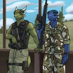 1:1 anthro argonian bethesda_softworks biped blue_body blue_eyes blue_scales camo camo_clothing camo_print clothed clothing duo gear gun holding_object holding_weapon horn looking_at_viewer male male_anthro microsoft muscular muscular_anthro muscular_male pattern_clothing ranged_weapon reptile scales scalie shen_(archshen) smile spikes tail tall_lizzard_(artist) the_elder_scrolls topwear tristen weapon