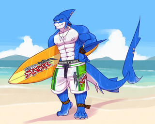 anthro barazoku beach belly black_eyes blue_body bottomwear clothing cloud fang_necklace fin fin_piercing furgonomic_piercing furgonomics jockstrap male muscular muscular_male piercing sand sea shorts solo surfboard surfer swimming_in_underwear swimwear text text_on_clothing text_on_underwear translucent translucent_bottomwear translucent_clothing translucent_shorts underwear underwear_under_swimwear water wet wet_clothing white_belly mindmechanica thresher_(mindmechanica) aquatic fish shark 2019 5:4 absurd_res hi_res