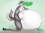 anthro belly big_belly bloated bodily_noises burp_cloud burping eyes_closed fluffy fluffy_tail fur green_hair grey_body grey_fur hair hand_on_belly holding_belly huge_belly hyper hyper_belly kneeling male motion_lines nude onomatopoeia open_mouth pawpads paws satisfied satisfied_look simple_background solo sound_effects spread_legs spreading tail teeth text tongue tongue_out white_body white_fur boxgoat bladepup canid canine canis domestic_dog husky hybrid mammal nordic_sled_dog spitz wolf wolfdog 2014 artist_name colored digital_media_(artwork) english_text full-length_portrait portrait shaded signature