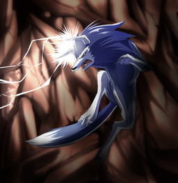 angry attack blue_body blue_fur electricity feral fight fur horn lightning male open_mouth red_eyes rock solo white_body white_fur steel_tigerwolf monster_rancher tecmo canid canine mammal tiger_(monster_rancher) 2014