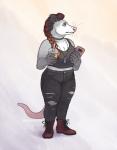 anthro beverage boots bottomwear breasts cleavage clothed clothing collar ear_piercing electronics female footwear frown holding_object holding_phone jewelry pants pendant phone piercing shirt shoes simple_background slightly_chubby solo standing topwear torn_clothing abigfathen opal_(abigfathen) american_opossum mammal marsupial virginia_opossum 2019 hi_res