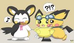 ambiguous_gender blush cookie eating food group looking_at_object lying open_mouth orange_body trio yellow_body pichu90 nintendo pokemon neo_pichu sparks_pichu yarn_emolga emolga generation_2_pokemon generation_5_pokemon pichu pokemon_(species)