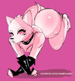 anthro big_butt butt collar femboy fur huge_butt male pink_body pink_fur solo rareplushy canid canine canis domestic_dog ghost mammal spirit hi_res