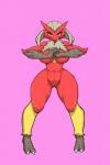 anthro big_breasts blush breasts female green_eyes looking_at_viewer navel pink_background simple_background smile solo standing kewon nintendo pokemon blaziken generation_3_pokemon pokemon_(species) 2:3 absurd_res full-length_portrait hi_res portrait