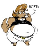 anthro belly big_belly black_clothing black_shirt black_topwear brown_body brown_fur clothing female fur overweight shirt simple_background solo text topwear white_background maddeku monroe_(d.e.belton) 2010 hi_res russian_text