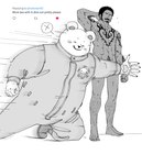 abs anthro blush clothing covering covering_crotch duo fur humor jumpsuit male male/male muscular muscular_male nipples nude pecs tattoo text white_body white_fur nekokat42 one_piece bepo_(one_piece) trafalgar_law bear human mammal polar_bear ursine absurd_res english_text hi_res