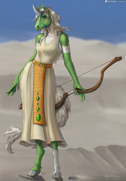 5_fingers anthro biped breasts clothed clothed_anthro clothed_female clothing desert dress female fingers front_view hair holding_object holding_weapon hooves horn looking_at_viewer outside sky solo standing weapon etskuni mythology equid equine mammal mythological_creature mythological_equine unicorn 2026 digital_drawing_(artwork) digital_media_(artwork) hi_res