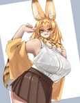 big_ears blonde_hair blush bottomwear bow_tie bra clothed clothing dipstick_ears dipstick_tail ear_markings female hair highlights_(coloring) inner_ear_fluff markings medium_hair multicolored_ears open_mouth skin_fang skirt solo tail tail_markings translucent translucent_clothing tuft underwear yellow_eyes urisaba kemono_friends serval-chan animal_humanoid felid felid_humanoid feline feline_humanoid humanoid mammal mammal_humanoid serval_humanoid absurd_res hi_res