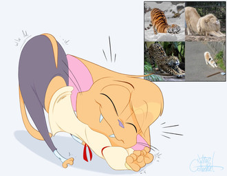 anthro butt clothing eyes_closed fangs hair male shadow sharp_teeth smile solo stretching tail teeth toony translucent translucent_hair silentjack charles_carbuckle domestic_cat felid feline felis leopard lion mammal pantherine tiger hi_res photography_(artwork) reference_image signature