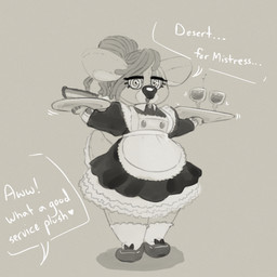 anthro apron beverage black_clothing black_dress breasts cake clothing dessert dialogue dress female food footwear frilly frilly_clothing grey_background hair holding_beverage holding_cake holding_food holding_object looking_at_viewer maid_uniform mind_control offscreen_character open_mouth plushie ponytail shoes simple_background socks solo spiral spiral_eyes standing tail text uniform cinnamimi doe_(hypnodoe) animate_inanimate deer living_plushie mammal 1:1 2026 absurd_res digital_media_(artwork) english_text hi_res