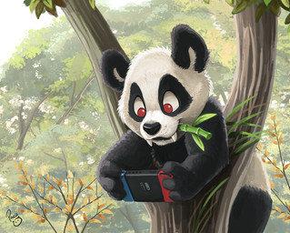 anthro bamboo black_body black_ears black_fur black_nose eating fangs fur glistening glistening_eyes holding_nintendo_switch in_tree logo male male_anthro mouth_closed nude outside plant red_eyes solo teeth tree whiskers white_body white_fur pandapaco nintendo nintendo_switch bear giant_panda mammal artist_logo signature