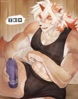 anthro bodily_fluids bottle bulge clothing container fur hair holding_bottle holding_container holding_object horn looking_at_viewer male shirt_up sleeveless_shirt solo sweat tail tan_body tan_fur underwear white_body white_fur uyouu19 arknights hypergryph studio_montagne hung_(arknights) canid canine canis domestic_dog mammal 2026 hi_res
