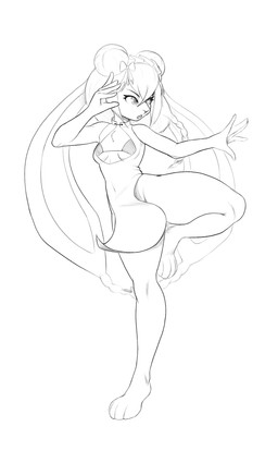 anthro bow_ribbon cleavage_cutout clothing cutout female hair on_one_leg solo standing tabard hush_button lagomorph leporid mammal rabbit character_request hi_res monochrome
