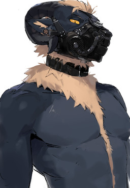 anthro bdsm blue_body collar featureless_chest fur gag horn male male_anthro muzzle_(object) muzzle_bolt muzzle_gag muzzled simple_background solo tan_body tan_fur white_background yellow_sclera eumecesemeatttt snowysergal bovid caprine goat mammal hi_res