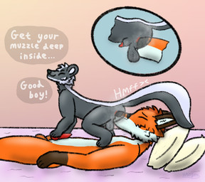 all_fours animal_genitalia animal_penis anthro anus balls bodily_fluids butt canine_genitalia canine_penis dialogue dominant dominant_male duo erection eyes_closed facesitting feral fur genitals gloves_(marking) hand_on_penis handjob internal interspecies knot knotted_penis lying male male/male markings musk musk_cloud musky_butt nude nude_anthro on_back orange_body orange_fur penile penis pillow praise raised_leg sex sheath side_view sitting_on_another size_difference small_dom_big_sub smell smile submissive submissive_male sweat tail text tuft white_body white_fur unofox canid canine fox mammal mephitid skunk digital_media_(artwork) english_text graphite_(artwork) shaded traditional_media_(artwork)