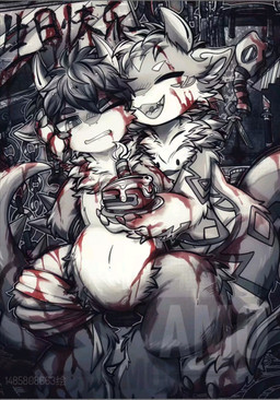 anthro bandage bdsm blood bodily_fluids cake candle dessert duo food fur furry_chest gore horn hug male male/male mask messy navel saw smile tools wounded yandere gracieamai mythology dragon furred_dragon furred_scalie mythological_creature mythological_scalie scalie hi_res