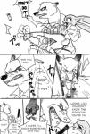 anthro canid canine chief_bogo comic disney english_text fox hi_res judy_hopps lagomorph leporid male mammal monochrome mtttut_(artist) nick_wilde rabbit red_fox simple_background text true_fox zootopia