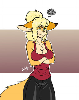 angry anthro blonde_hair bottomwear clothed clothed_anthro clothed_female clothing crossed_arms ears_down eyebrows eyelashes female fur green_eyes hair pants pivoted_ears red_clothing red_shirt red_tank_top red_topwear shirt solo tail tank_top topwear yellow_body yellow_fur chisheq nadia_(chisheq)