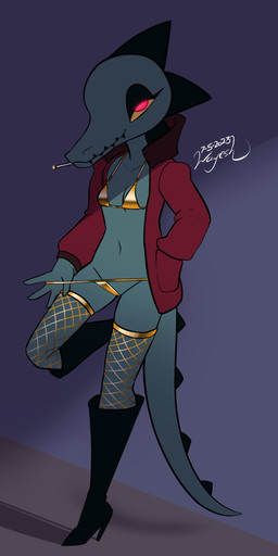 anthro bikini boots breasts camel_toe cigarette clothing clothing_pull coat female fishnet_clothing fishnet_legwear footwear gold_bikini high_heeled_boots high_heels legwear long_boots pose red_clothing red_coat red_eyes red_topwear shoes small_breasts solo swimwear topwear two-piece_swimsuit underwear underwear_pull wayesh night_in_the_woods bea_santello crocodile crocodilian reptile scalie absurd_res hi_res pinup