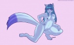 anthro big_breasts biped blue_hair breasts claws ear_piercing female genitals hair kneeling long_hair looking_away nipple_piercing nipples nude paws piercing purple_eyes pussy solo stretching tail text mess1ah icy_xisaru canid canine fox mammal 2011 english_text