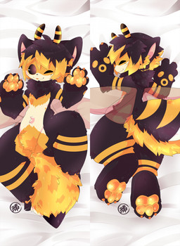 ambiguous_gender anthro bedding bedding_background black_body black_eyes black_fur black_hair blonde_highlights chest_tuft claws countershading crotch_tuft dakimakura feet fur hair highlights_(coloring) kemono knee_up looking_at_viewer lying multicolored_body multicolored_fur multiple_poses on_back on_front one_eye_closed pawpads pose raised_hands smile solo tail toes tongue tuft wings yellow_body yellow_fur ekihnox arthropod bee hybrid hymenopteran insect mammal 2021 hi_res signature male_(lore)