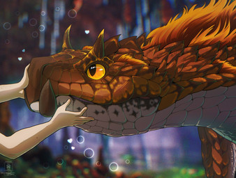 ambiguous_feral ambiguous_gender blurred_background brown_body brown_scales cave duo feral fur headpat heart_symbol horn looking_at_another male petting scales simple_background snout seregore capcom monster_hunter mythology fanged_wyvern human mammal scalie tobi-kadachi viper_tobi-kadachi cel_shading digital_media_(artwork) hi_res shaded