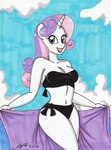 aged_up anthro bikini breasts cleavage clothed clothing cloud female fur green_eyes horn open_mouth open_smile sea sky smile swimwear towel two-piece_swimsuit water white_body white_fur newyorkx3 friendship_is_magic hasbro my_little_pony mythology sweetie_belle_(mlp) equid equine mammal mythological_creature mythological_equine unicorn absurd_res hi_res