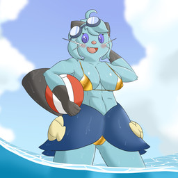ahoge anthro athletic athletic_anthro athletic_female ball beach_ball big_breasts blue_body blue_eyes blue_fur blue_hair blue_sclera blush breasts camel_toe clothing cloud dripping eyewear eyewear_on_head female fur goggles goggles_on_head gold_swimwear hair inflatable looking_at_viewer low-angle_view nipple_outline outside partially_submerged scalchop sea snaggle_tooth solo swimwear thick_thighs water kamek_sans golden_week nintendo pokemon amalia_(kamek_sans) dewott generation_5_pokemon pokemon_(species) 1:1 absurd_res hi_res