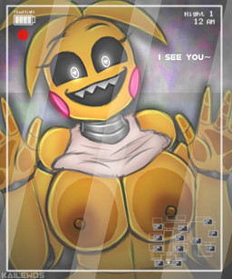 against_surface anthro areola beakless bib big_breasts black_sclera breasts brown_areola brown_nipples camera_view dialogue eyelashes female fingers glowing glowing_eyes head_feathers head_tuft heart_eyes heart_symbol looking_at_viewer machine nipples non-mammal_breasts non-mammal_nipples on_glass open_mouth open_smile rosy_cheeks sharp_teeth smile solo talking_to_viewer teeth text tuft white_eyes white_text yellow_body kailewds five_nights_at_freddy's five_nights_at_freddy's_2 let_me_in scottgames lovetaste_chica toy_chica_(fnaf) animatronic avian bird chicken galliform phasianid robot 2021 5:6 digital_media_(artwork) english_text hi_res