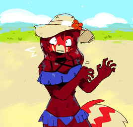 ambiguous_gender anthro beach blue_clothing brown_body brown_fur cheek_tuft clothing cloud facial_tuft flower flower_accessory fluffy fluffy_tail fur hair hat headgear headwear long_hair markings mityaverse multicolored_body multicolored_fur navel plant red_body red_fur sky small_waist solo straw_hat striped_markings striped_tail stripes tail tail_markings tuft white_body white_fur arlie_meadow mitya_(mitrotsky) ailurid mammal red_panda 2025 digital_media_(artwork) microsoft_paint_(artwork) male_(lore)