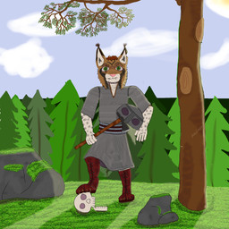 5_fingers angry anthro fantasy fingers forest male middle_ages muscular nature plant solo tree viking jukolapp felid feline lynx mammal 1:1 hi_res