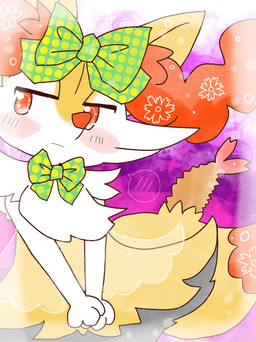 ambiguous_anthro ambiguous_gender anthro biped blush bow_tie closed_frown clothing digitigrade dipstick_tail dress food front_view frown hands_together head_bow head_tilt looking_away markings mouth_closed object_in_tail polka_dot_bow shrimp_(food) simple_background snout solo speech_bubble tail tail_markings translucent translucent_clothing translucent_dress annyui0611 nintendo pokemon braixen canid generation_6_pokemon mammal pokemon_(species) 2022 half-length_portrait hi_res japanese_description portrait translated_description