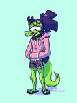 anthro beard blue_background bottomwear clothing facial_hair footwear hair hoodie male pink_clothing pink_hoodie pink_topwear sandals shoes shorts simple_background solo standing topwear stellizard stel_(stellizard) lizard reptile scalie absurd_res hi_res