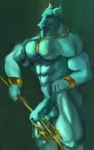 bodily_fluids genital_fluids genitals green_body male melee_weapon muscular muscular_male nude penis polearm precum trident weapon drakei mythology dragon mythological_creature mythological_scalie scalie