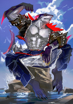 5_fingers abs anthro bottomwear claws clothing cloud day fin fingers flexing jacket male muscular muscular_anthro muscular_male pants sky solo teeth tetsuya_(dislyte) toe_claws topwear underwear toothlee dislyte lilith_games fish marine shark absurd_res hi_res