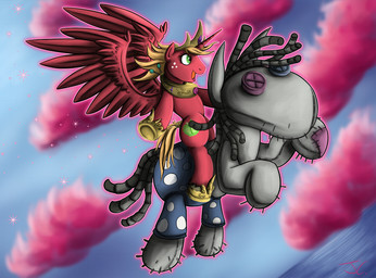 alternate_species blonde_hair cloud crossgender cutie_mark doll duo feathered_wings feathers female feral freckles fur green_eyes hair horn male red_body red_fur riding sparkles straddling wings james_corck friendship_is_magic hasbro my_little_pony mythology big_macintosh_(mlp) smartypants_(mlp) equid equine mammal mythological_creature mythological_equine winged_unicorn 2014