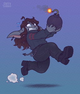 anthro blue_eyes bodily_fluids boots bottomwear breasts brown_hair chain clenched_teeth clothing female flying_sweatdrops footwear grey_body hair holding_bomb pants running sharp_teeth shoes simple_background solo surprised sweat sweatdrop sweater teeth topwear taffywabbit guild_wars asura mammal 2026 digital_media_(artwork) hi_res