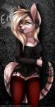 anthro blonde_hair blue_eyes breasts cleavage clothed clothing domestic_cat ei-ka emilee english_text facial_piercing felid feline felis female front_view hair hairless hairless_cat hi_res holding_arm looking_aside mammal nose_piercing piercing smoke smoking solo sphynx_(cat) standing text