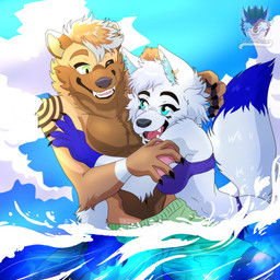 anthro beach bikini bikini_top clothing duo ear_piercing female hug laugh love male piercing playful sea smile swimming_trunks swimwear two-piece_swimsuit water lidiamcfurry rich_the_otter canid canine fox mammal mustelid otter 1:1 absurd_res hi_res