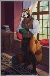 animal_genitalia anthro balls big_balls black_balls book bottomless clothed clothing eyewear fully_sheathed fur genitals glasses huge_balls looking_at_viewer male penis sheath smile solo standing text vein mariart partran_(red_panda) ailurid mammal red_panda 2019 hi_res url