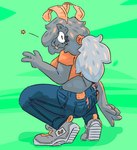 antennae_(anatomy) anthro biped bottomwear clothing crouching denim denim_bottomwear denim_clothing female footwear gesture grey_body hair hair_over_eye hand_gesture jeans midriff orange_antennae orange_clothing orange_topwear pants shoes sneakers solo star_symbol tongue tongue_out topwear v_sign wide_eyed raewtf arthropod insect lepidopteran moth hi_res