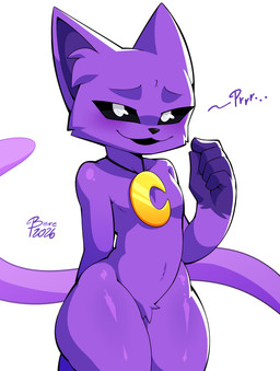 5_fingers anthro black_sclera ellipsis femboy fingers fur gloves_(marking) jewelry long_tail male markings necklace purple_body purple_ears purple_fur purple_inner_ear purring shy simple_background smile solo standing tail thick_thighs thighs_together white_background white_eyes bere_dolly_art bere_nsfw mob_entertainment poppy_playtime smiling_critters catnap_(poppy_playtime) domestic_cat felid feline felis mammal 2026 hi_res signature